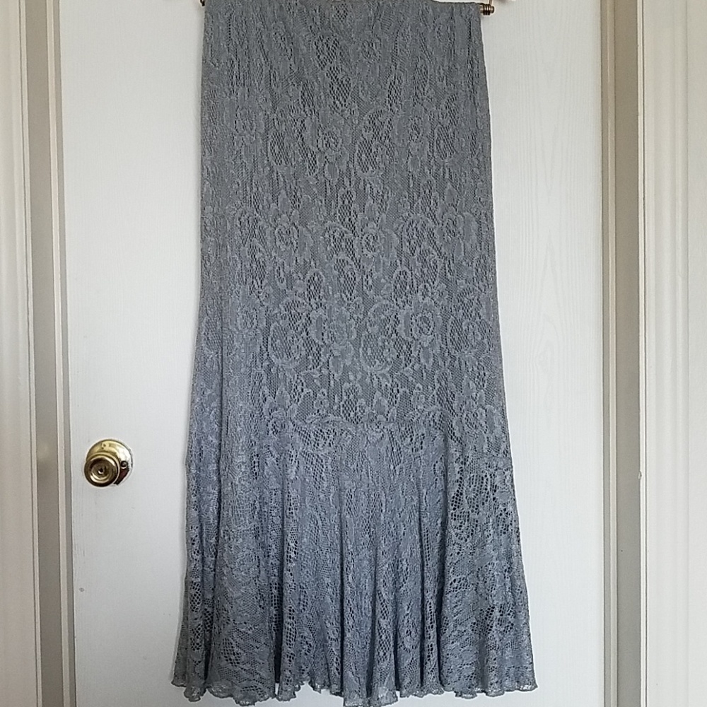 Silver lace long skirt or strapless dress.